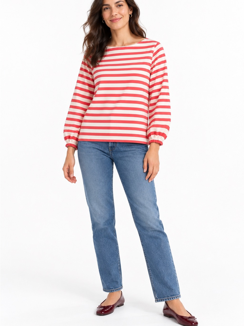 J.Crew Striped Boatneck Top Small Coral White Gathered Sleeve Cotton